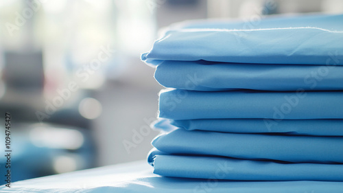 Close up of folded blue fabric clothes in hospital generated.AI