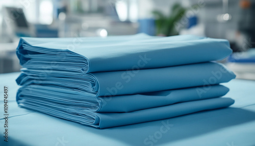 Close up of folded blue fabric clothes in hospital generated.AI