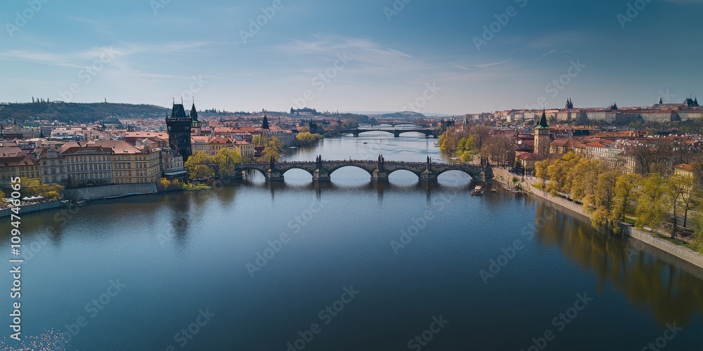 Prague's Old Town, seen from above in spring, shows the Charles Bridge arching over the Vltava River. The castle is visible in the distance. Prague's Old Town, seen from above in spring, shows the Charles Bridge arching over the Vltava River. The castle is visible in the distance.