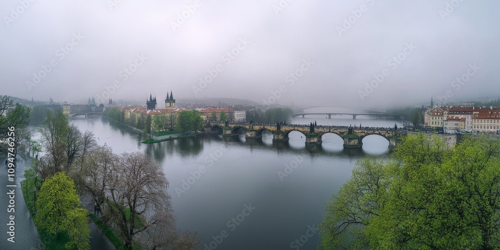 Obraz premium Prague's Old Town, seen from above in spring, shows the Charles Bridge arching over the Vltava River. The castle is visible in the distance.