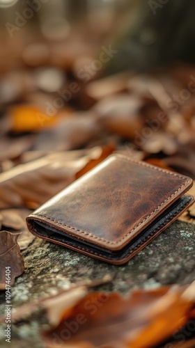 Handcrafted Chilean leather wallet with fine stitching displayed among leaves outdoors