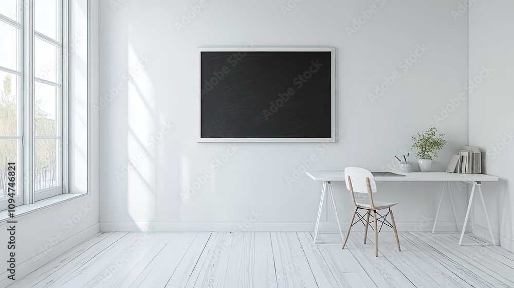 Minimalist white room with desk, chair, and blank frame. Minimalist white room with desk, chair, and blank frame.