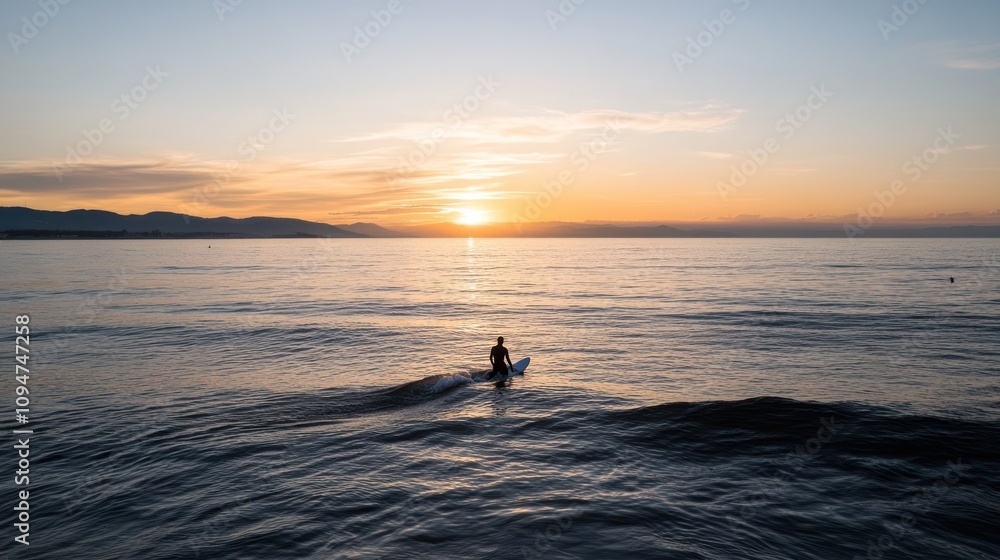 Fototapeta premium A lone surfer effortlessly navigates a gentle wave during a serene sunset, blending harmony with nature and the rhythm of the sea.