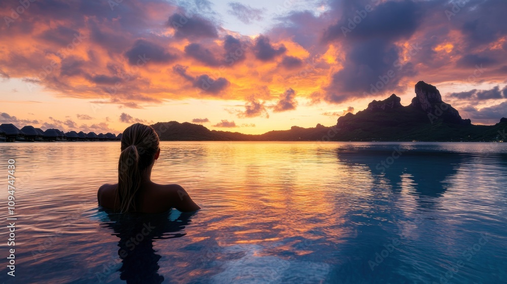 Serene sunset view with a person in a tranquil water setting. Serene sunset view with a person in a tranquil water setting.