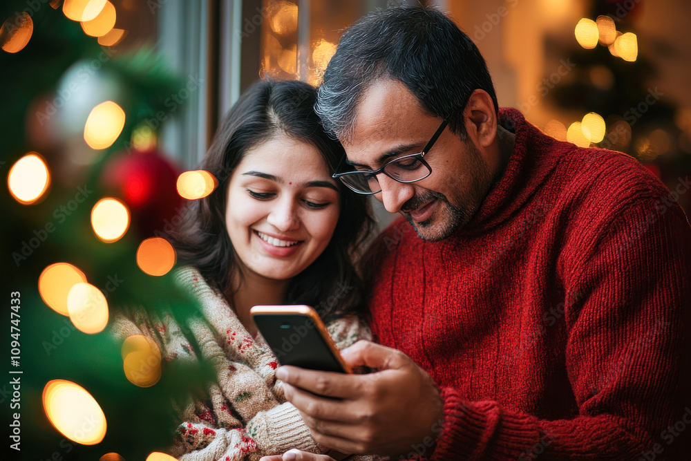 couple holding smartphone on Christmas festival couple holding smartphone on Christmas festival