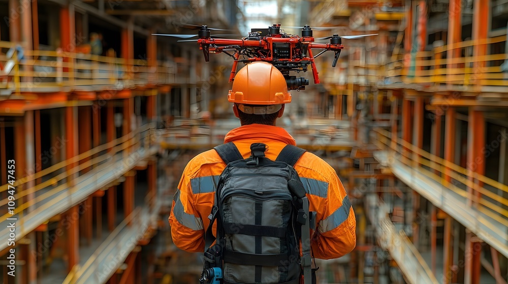 Drone-assisted safety inspection, overview of construction area, high-tech focus Drone-assisted safety inspection, overview of construction area, high-tech focus