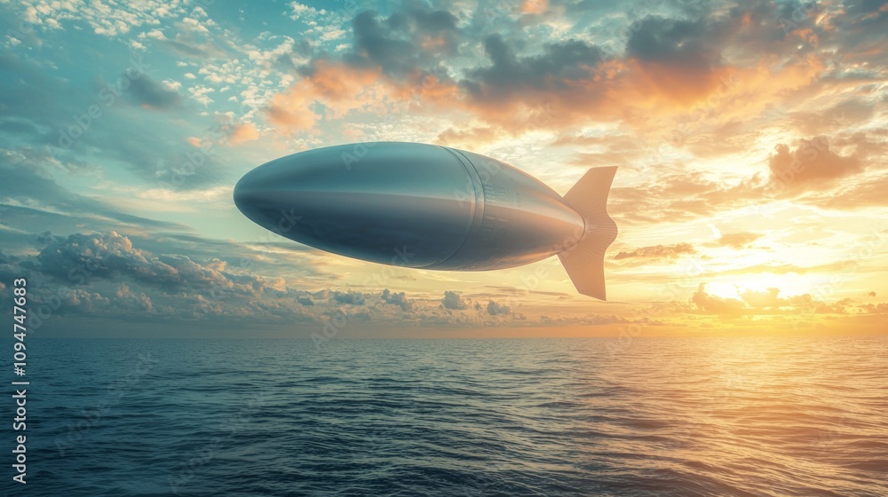 Soaring high shimmering ocean sleek futuristic airship floats amidst dramatic clouds illuminated warm glow sunset creating breathtaking contrast sky Soaring high shimmering ocean sleek futuristic airship floats amidst dramatic clouds illuminated warm glow sunset creating breathtaking contrast sky