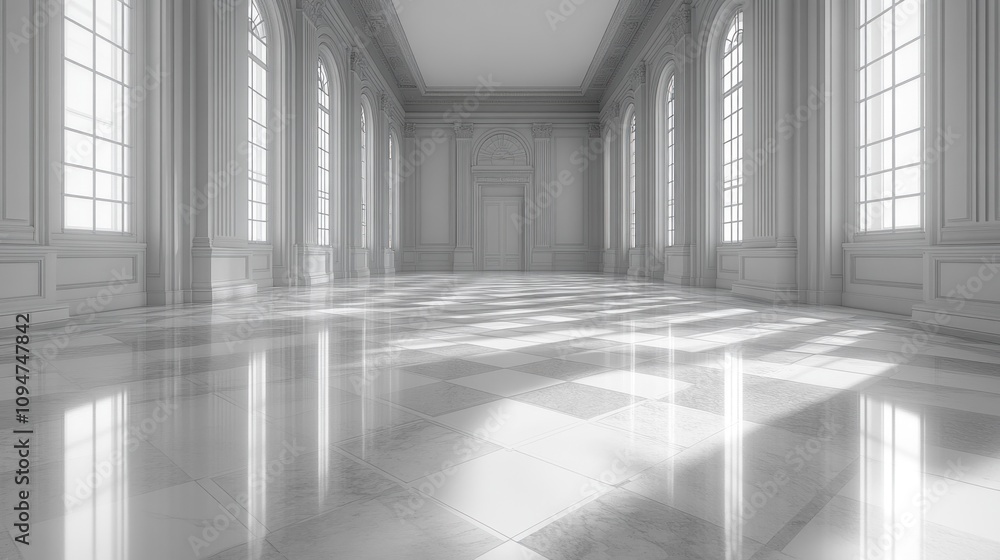White Hallway with Marble Floor and Windows White Hallway with Marble Floor and Windows