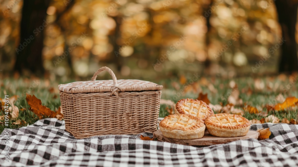 Autumn picnic with pastries and a wicker basket Autumn picnic with pastries and a wicker basket