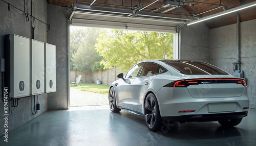Concept of a home battery packs alternative electric energy storage system at modern home garage wall as backup or sustainable energy concepts