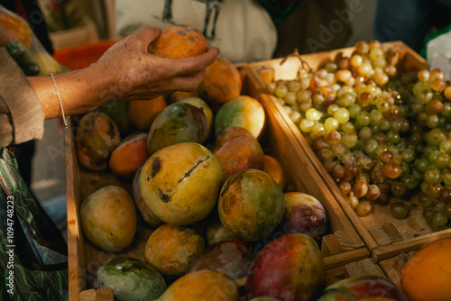 Close up of an old woman with a mango on the local Farmers market. Customer Shopping At Farmers Market Stall. Part of the series photo