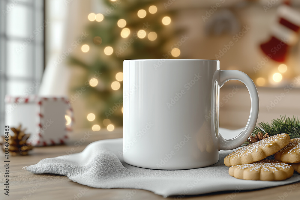 A mockup white mug on a rustic wooden table surrounded by Christmas decorations and warm festive lights