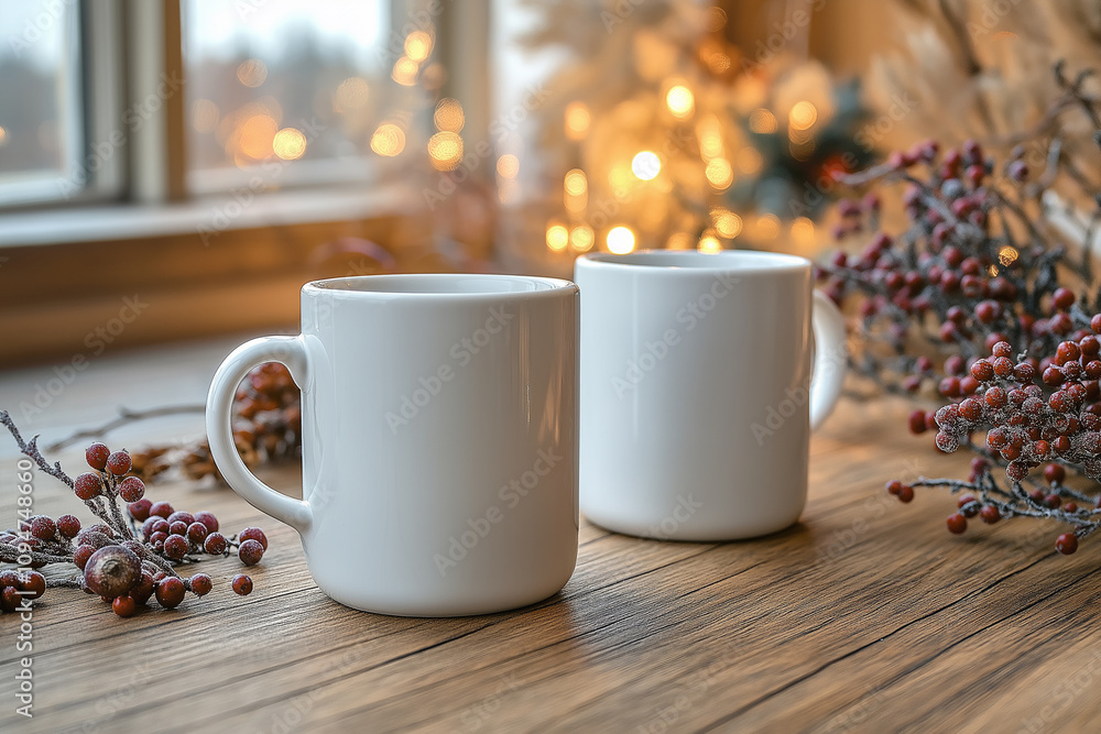 Two mockup white mugs on a rustic wooden table surrounded by Christmas decorations and warm festive lights Two mockup white mugs on a rustic wooden table surrounded by Christmas decorations and warm festive lights
