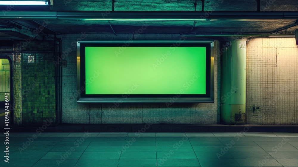 Advertising screen displayed at night in an urban subway setting illuminated by glowing lights Advertising screen displayed at night in an urban subway setting illuminated by glowing lights