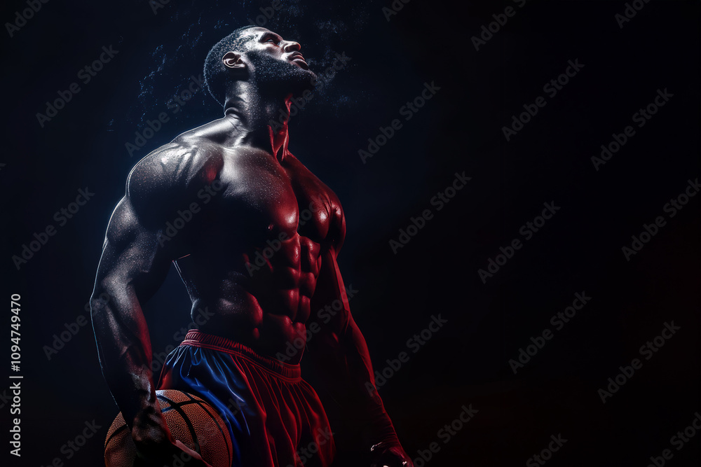 Photorealistic design of a Basketball player with muscles wearing a navy red Photorealistic design of a Basketball player with muscles wearing a navy red