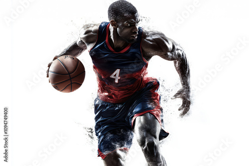 Photorealistic design of a Basketball player with muscles wearing a navy red photo