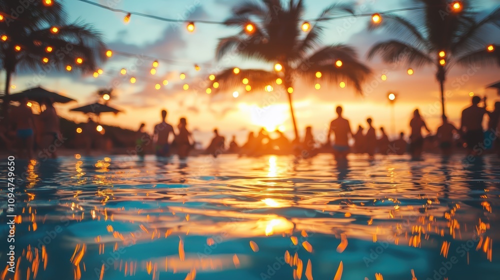 Sunset pool party with glowing lights Sunset pool party with glowing lights