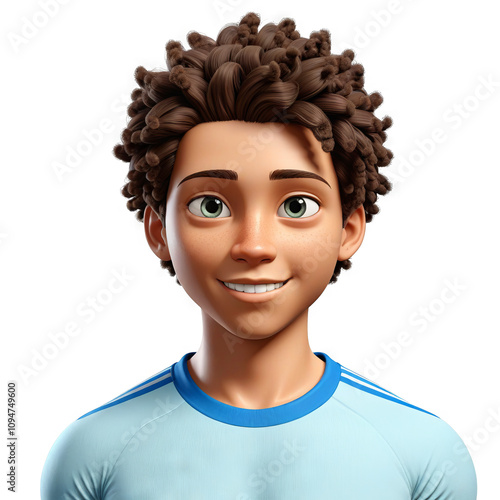 Excited young athlete smiling with curly hair, wearing a light blue sports jersey, ready for competition