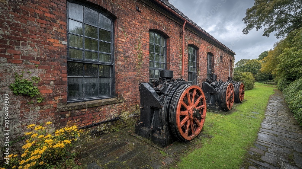 Obraz premium Old Brick Building with Vintage Industrial Machinery