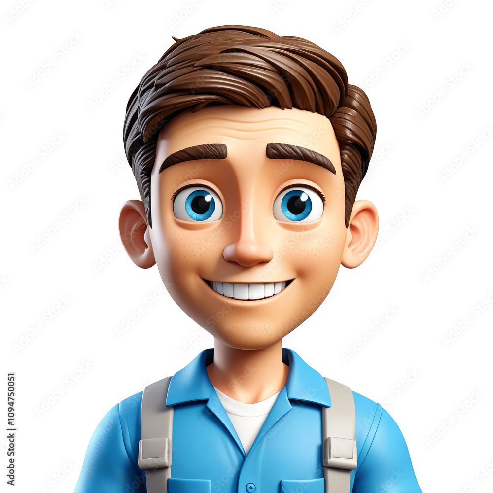 Young animated 3d character with brown hair and blue eyes smiles wearing a blue shirt and suspenders in a cheerful setting Young animated 3d character with brown hair and blue eyes smiles wearing a blue shirt and suspenders in a cheerful setting