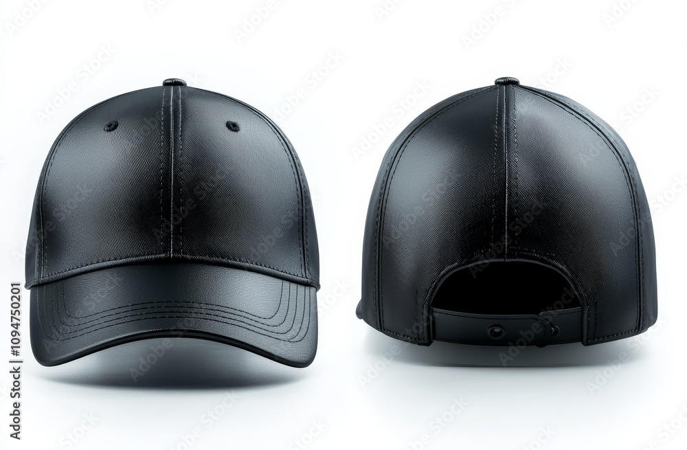 Fototapeta premium A grey background showcasing a mockup of black baseball caps, with views from the front and back.