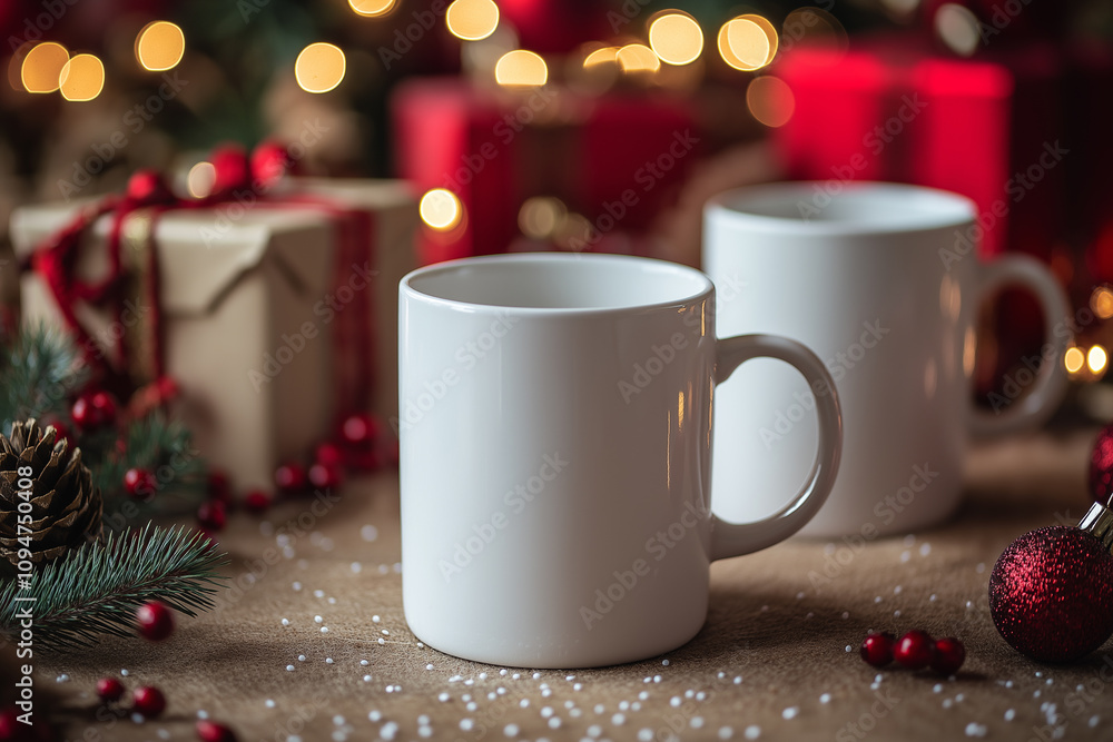 Two mockup white mugs on a rustic wooden table surrounded by Christmas decorations and warm festive lights Two mockup white mugs on a rustic wooden table surrounded by Christmas decorations and warm festive lights