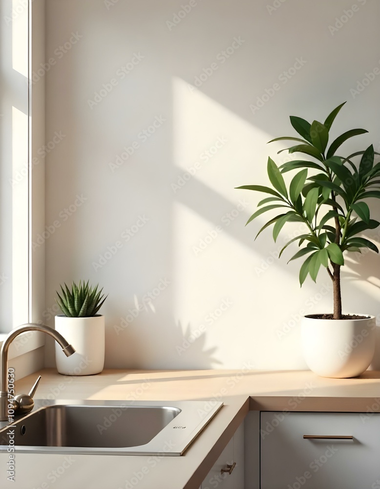 A minimalist kitchen counter with a potted plant, a wooden frame, and a window letting in natural light A minimalist kitchen counter with a potted plant, a wooden frame, and a window letting in natural light