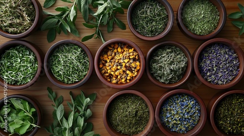 Fototapeta Naklejka Na Ścianę i Meble -  Assorted dried herbs and spices in bowls.