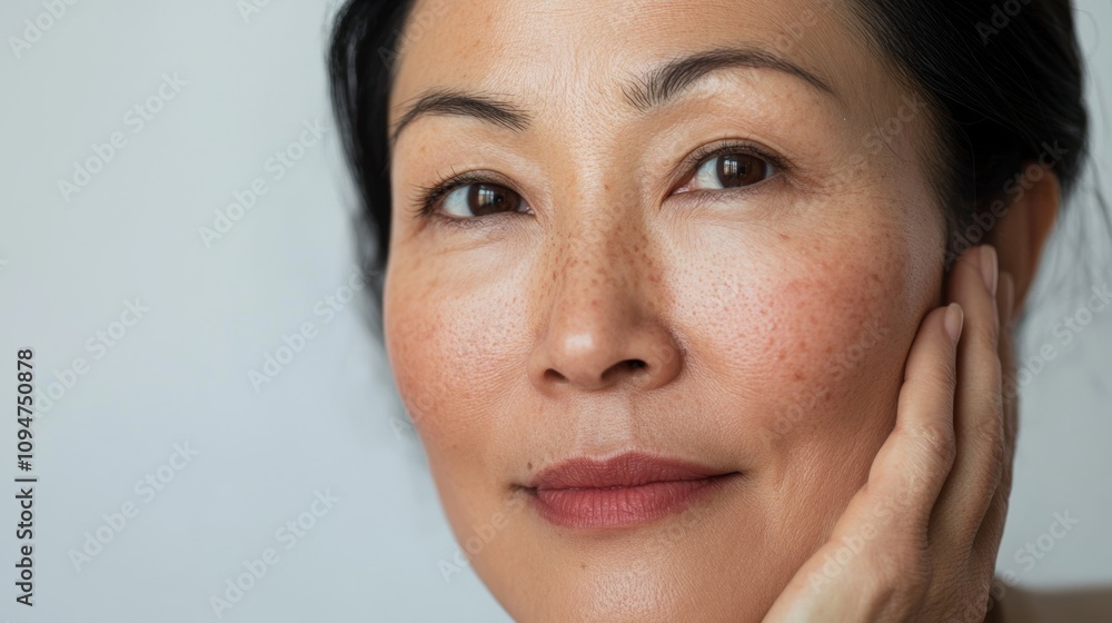 Close-up portrait of a woman showcasing natural freckles and smooth skin, exuding confidence and grace. Close-up portrait of a woman showcasing natural freckles and smooth skin, exuding confidence and grace.