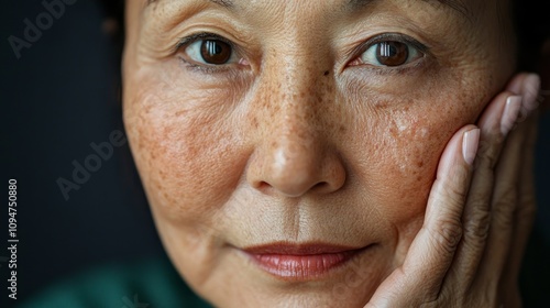 Detailed close-up of a mature woman's face, highlighting natural skin texture and expression, conveying wisdom and experience.