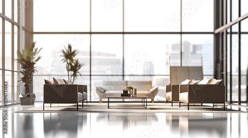 A high-end transparent image of a stylish business lounge with contemporary furniture, ideal for office space advertisements. 32k, full ultra HD, high resolution