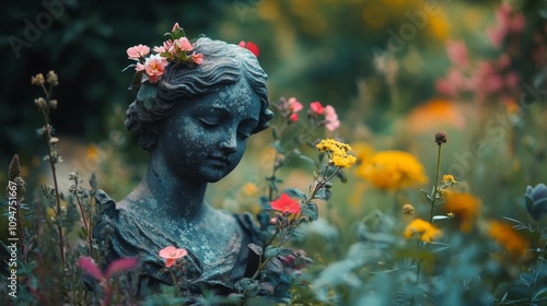 A serene statue of a woman surrounded by vibrant flowers and greenery. The elegance of nature and art intertwine beautifully. A moment of peace captured. Generative AI photo