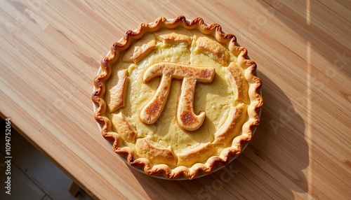 Round pie with a pi symbol design on a wooden table