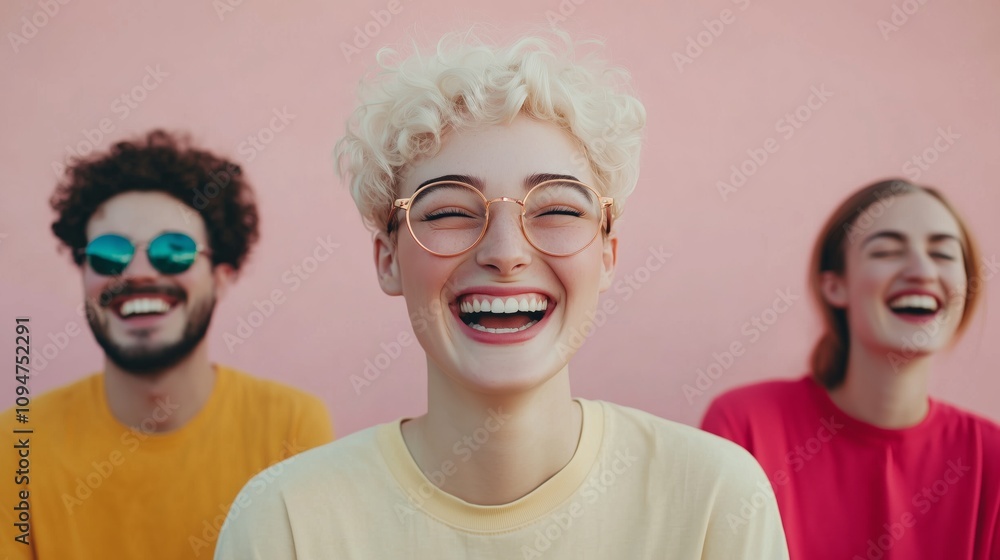 Fototapeta premium Happy Diverse Friends Laughing Pink Background
