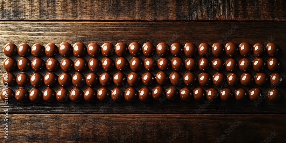 A symmetrical arrangement of glossy chocolate eggs on a wooden surface. A symmetrical arrangement of glossy chocolate eggs on a wooden surface.