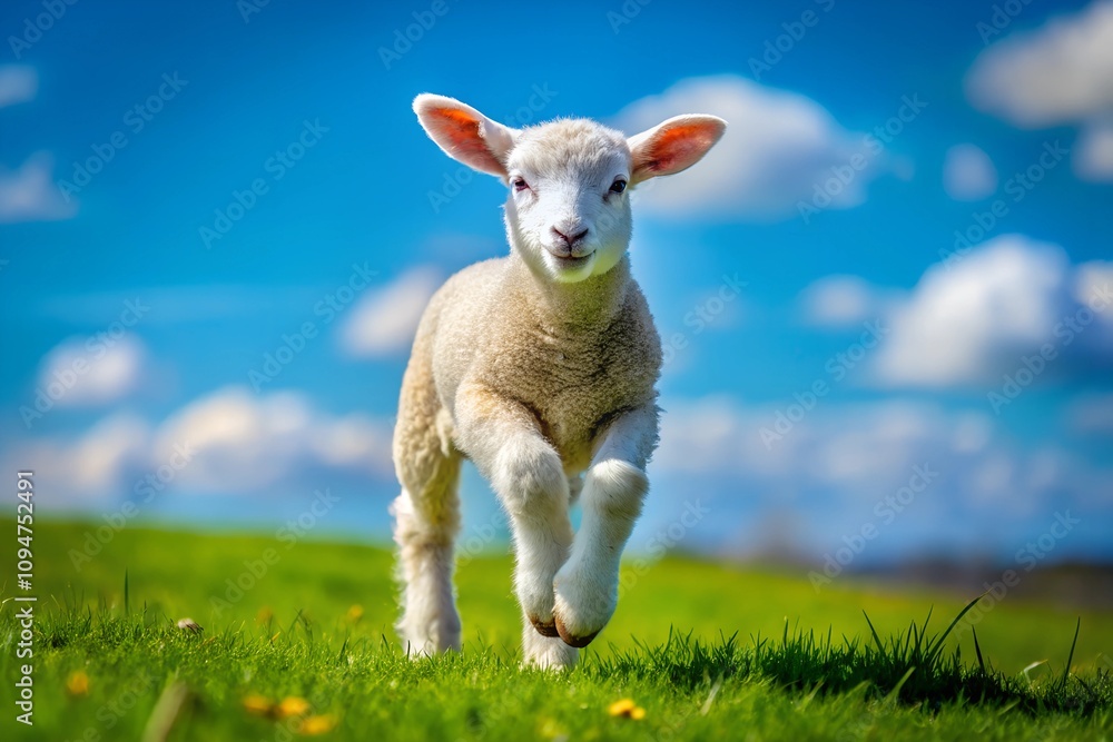 A joyful young lamb bounds through a vibrant green meadow under a bright blue sky, embodying the essence of spring and playfulness A joyful young lamb bounds through a vibrant green meadow under a bright blue sky, embodying the essence of spring and playfulness