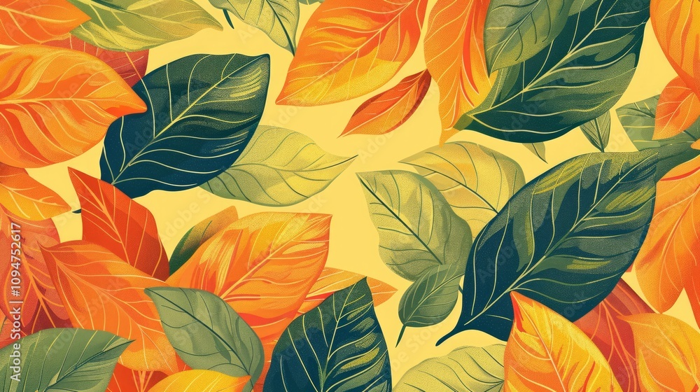 Some leaves have solid fills with thin outlines in contrasting colors. Some leaves have solid fills with thin outlines in contrasting colors.