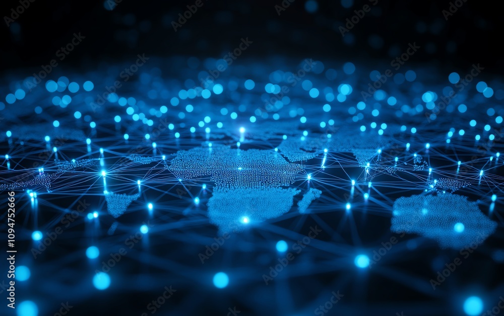 Blue world map with interconnected lines and nodes on a white background, 3D rendering, representing global networking and digital communication Blue world map with interconnected lines and nodes on a white background, 3D rendering, representing global networking and digital communication