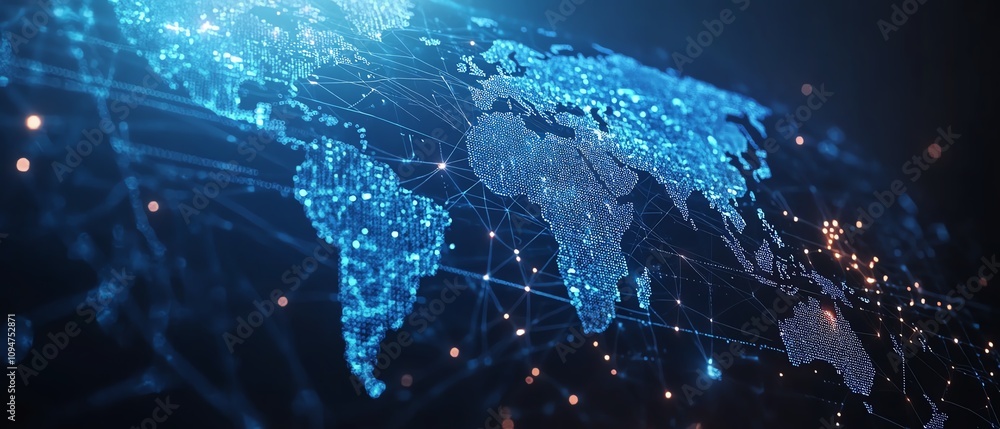 Blue world map with lines and nodes interconnected, 3D rendering on a white background, representing the concept of global communication and networking Blue world map with lines and nodes interconnected, 3D rendering on a white background, representing the concept of global communication and networking