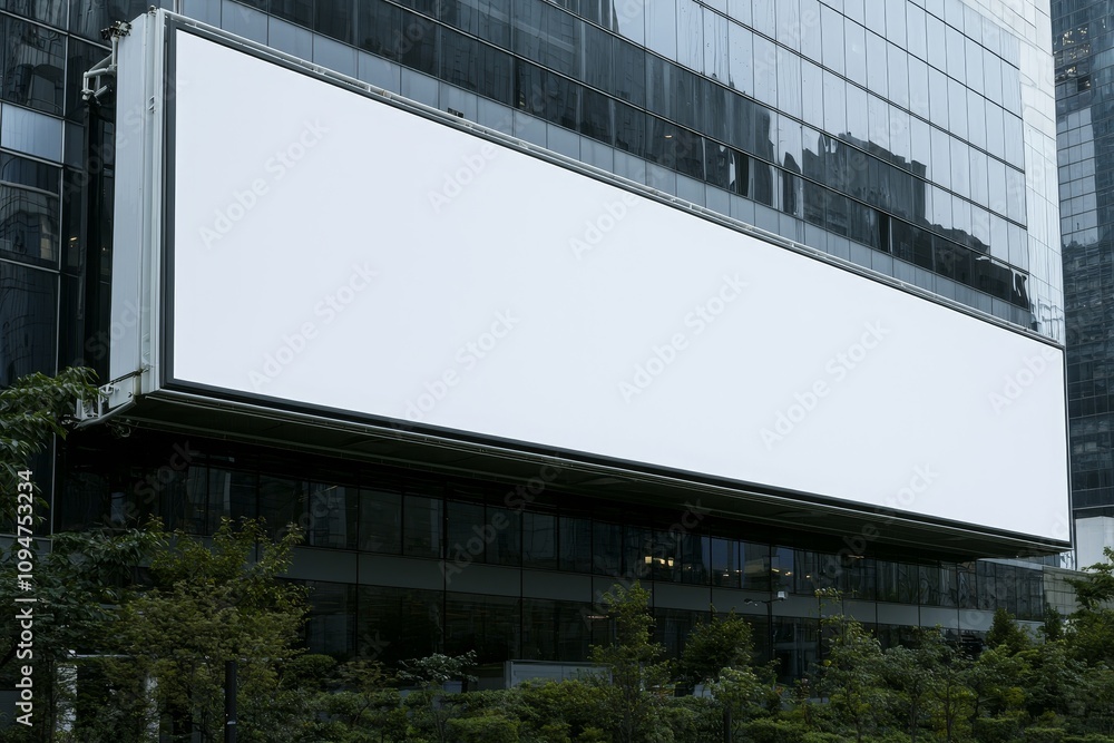 A white template placeholder for an advertising billboard is displayed on the rooftop of a mall, with trees framing the scene. A white template placeholder for an advertising billboard is displayed on the rooftop of a mall, with trees framing the scene.