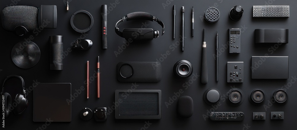 Obraz premium Flat lay of various black tech gadgets and accessories on a dark surface.