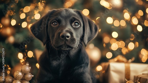 Cute black puppy with sparkling Christmas lights and ornaments, surrounded by festive holiday decorations and gift boxes.