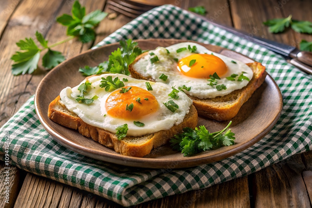 A simple breakfast of fried eggs on toast, garnished with fresh parsley, served on a plate with a rustic fabric napkin A simple breakfast of fried eggs on toast, garnished with fresh parsley, served on a plate with a rustic fabric napkin