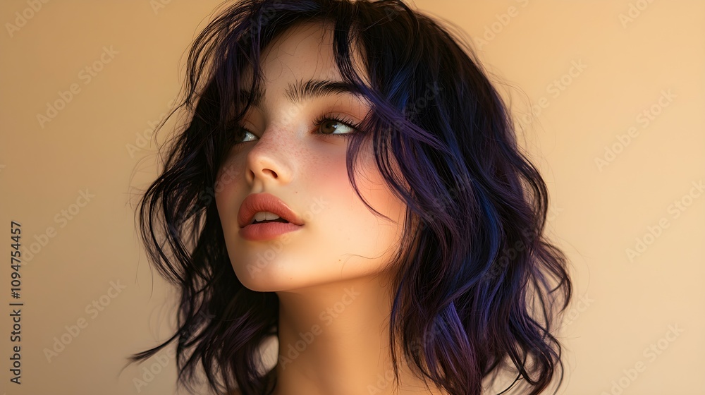 beautiful young woman with dark purple blue gradient colored hair on beige background beautiful young woman with dark purple blue gradient colored hair on beige background