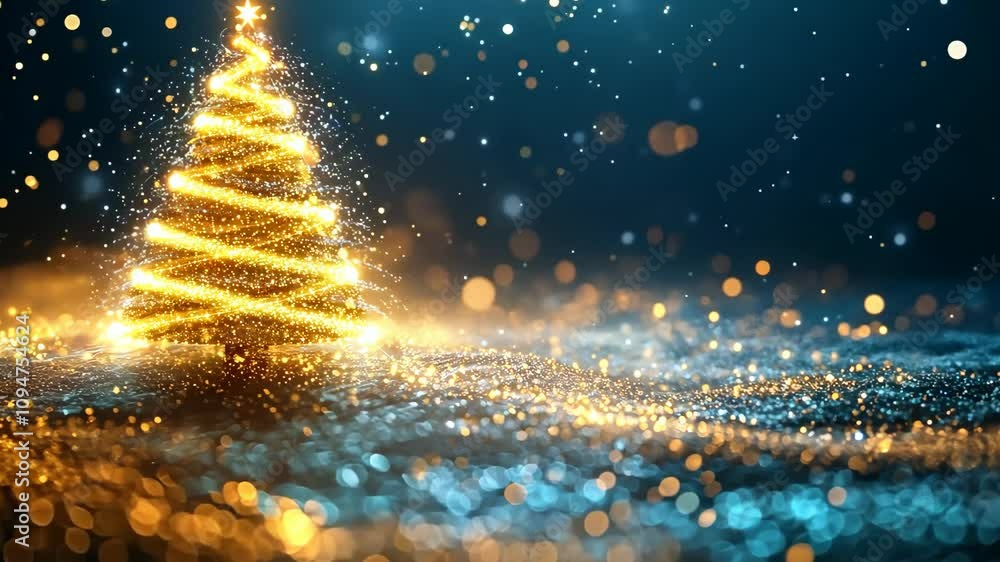 A Christmas tree with lights is lit up in the snow. The tree is surrounded by a blurry background of snow A Christmas tree with lights is lit up in the snow. The tree is surrounded by a blurry background of snow