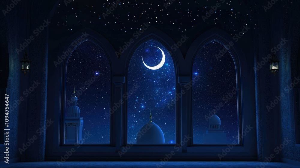 Moonlit night view through architectural arches. Moonlit night view through architectural arches.