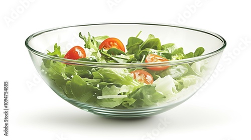 Stylish Empty Glass Salad Bowl on a Pure White Background, Ready for Fresh Ingredients and a Healthy Lifestyle. Minimalist and Elegant Tableware for Advertising and Food Photography.