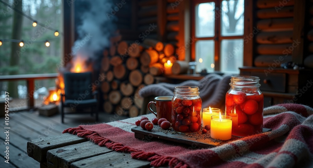 A secluded winter cabin in the woods with smoke curling from the chimney, stacked logs, soft candlelight, preserved fruits, and wool blankets. Steaming herbal tea adds a cozy, peaceful glow. A secluded winter cabin in the woods with smoke curling from the chimney, stacked logs, soft candlelight, preserved fruits, and wool blankets. Steaming herbal tea adds a cozy, peaceful glow.