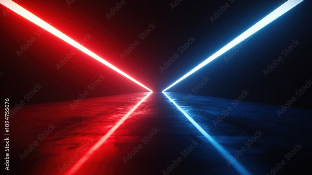 Dynamic red and blue light beams crossing