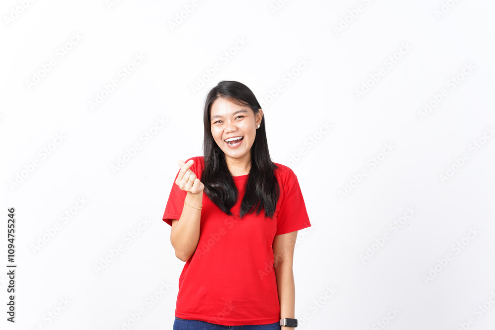 beautiful Asian woman makes the Korean love sign with her hand, set against a white background beautiful Asian woman makes the Korean love sign with her hand, set against a white background